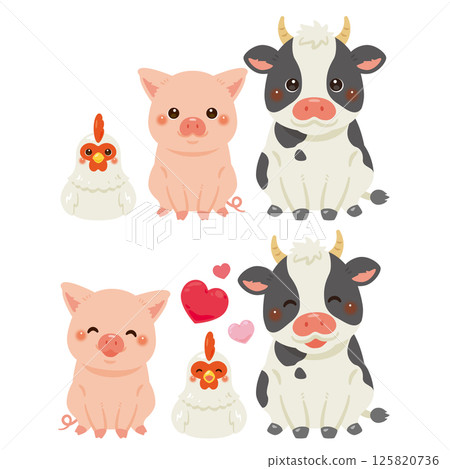 Illustration set of sitting chicken, pig, and cow 125820736