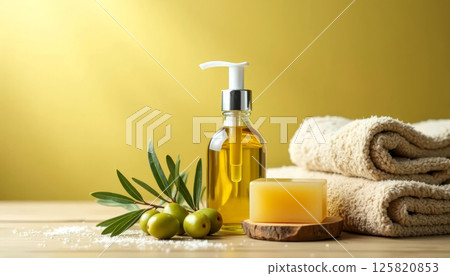 Natural spa composition with olive oil, soap, olives, and towels. Wellness and skincare. 125820853