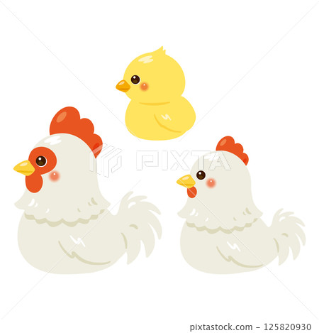 Set of sideways illustrations of sitting chickens and chicks Set of sideways illustrations of sitting chickens and chicks 125820930