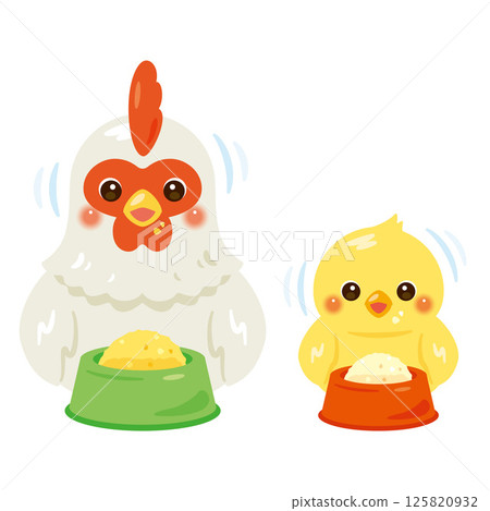 一隻雞和小雞吃東西的插圖 125820932