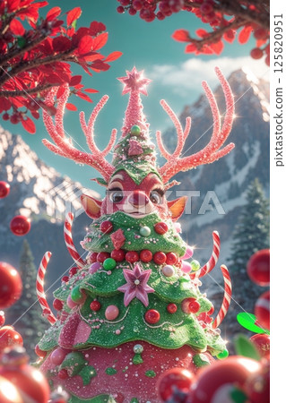 Whimsical anthropomorphic rabbit in a festive Christmas outfit with candy cane decorations, surrounded by other rabbits in a mountainous holiday setting. 125820951