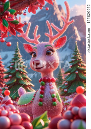 Whimsical anthropomorphic rabbit in a festive Christmas outfit with candy cane decorations, surrounded by other rabbits in a mountainous holiday setting. 125820952
