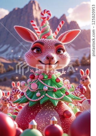 Whimsical anthropomorphic rabbit in a festive Christmas outfit with candy cane decorations, surrounded by other rabbits in a mountainous holiday setting. 125820953