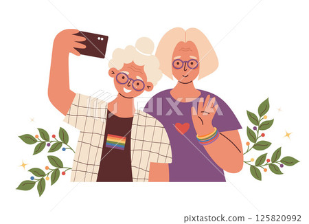 Happy Mature Lesbian Couple. LGBT older gray-haired women together Taking Selfie. Joyful LGBTQ support, celebrating love, identity and equality. Vector Illustration for Pride Month 125820992
