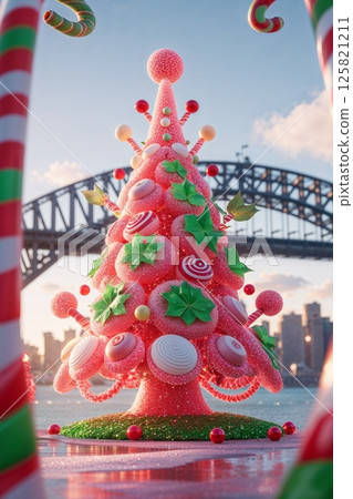 Festive Christmas tree decorated with pink and red ornaments, set against a waterfront cityscape featuring iconic Sydney Harbour bridge at sunset. Festive Christmas tree decorated with pink and red ornaments, set against a waterfront cityscape featuring iconic Sydney Harbour bridge at sunset. 125821211