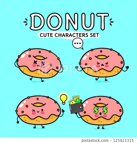 A charming cartoon set featuring donuts with various emotions, from sad to greedy, on a light blue background. 125821315