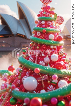 Whimsical red Christmas tree decorated with candy and ornaments, set in front of the iconic Sydney Opera House at sunset. Whimsical red Christmas tree decorated with candy and ornaments, set in front of the iconic Sydney Opera House at sunset. 125821357