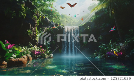 Tropical lush landscape with flowing waterfall 125821629