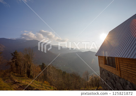Spectacular landscape of mountains and house in Variaki, Georgia Spectacular landscape of mountains and house in Variaki, Georgia 125821872