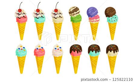 Decorated ice cream in a cone vector illustration set Decorated ice cream in a cone vector illustration set 125822110