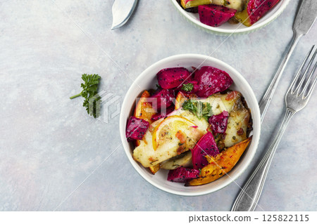Cod fillet on plate. 125822115