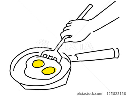 Simple line drawing of a person making fried eggs in a frying pan Simple line drawing of a person making fried eggs in a frying pan 125822138