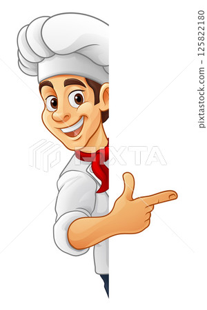 Chef Baker Cook Cartoon Mascot Man Pointing Sign 125822180