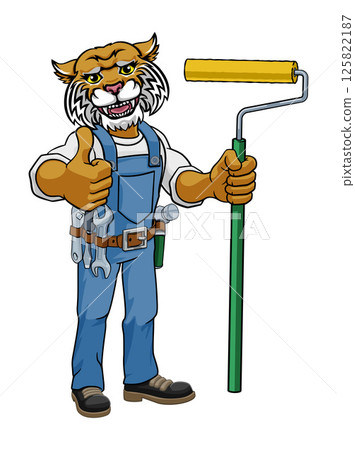 Wildcat Painter Decorator Paint Roller Mascot Man Wildcat Painter Decorator Paint Roller Mascot Man 125822187