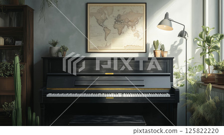 Modern interior blending musical elegance with greenery in a cozy home setting 125822220