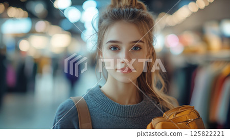 Modern girl exploring trendy fashion in a vibrant shopping center 125822221