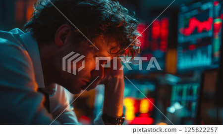 Stressed trader battles market volatility during trading hours 125822257