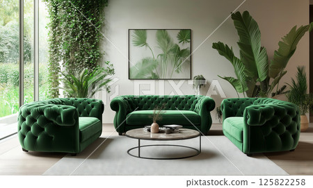 Stylish Scandinavian living room interior showcasing greenery and comfort Stylish Scandinavian living room interior showcasing greenery and comfort 125822258