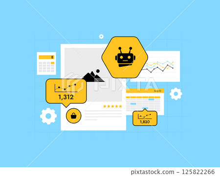 AI-powered CRM system dashboard shows customer behavior, sales funnel. Ai CRM engagement analytics and user segmentation for targeted marketing. Vector illustration and icons 125822266
