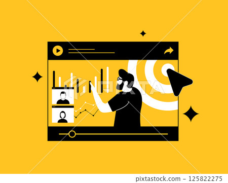 Webinar marketing helps attract and educate customers through engaging online seminars. Online webinar promotion, audience interaction and marketing growth strategy. Vector illustration and icons 125822275
