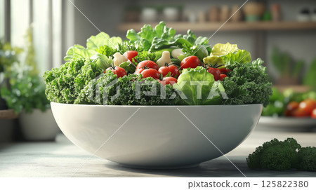 Creating a colorful salad bowl with fresh kale and crisp cos lettuce 125822380