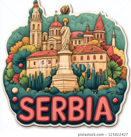 Exploring a unique sticker featuring the charming architecture of Serbia 125822427