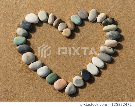 Heart shape made from multicolored pebbles on smooth beach sand, representing natural love, peace, and unity, ideal for romantic, wellness, or travel themed visual designs and inspirational concepts 125822472