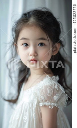 Little beauty girl closeup long hair looking to camera wearing white dress 125822736