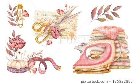 Set of sewing tool and needlework composition in watercolor. Hand drawn vintage arrangement with iron and scissors. Fashion industry and craft hobby kit. Perfect for atelier or dressmaking design. 125822893