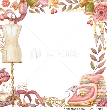 Square frame with watercolor female mannequin and copy space. Hand drawn vintage floral template with measuring tape and pink iron. Perfect for tailor logo and romantic card and invitation design. Square frame with watercolor female mannequin and copy space. Hand drawn vintage floral template with measuring tape and pink iron. Perfect for tailor logo and romantic card and invitation design. 125822899