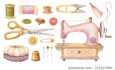 Set of sewing tools and needlework in watercolor. Hand drawn vintage template with pink machine and tailor scissors. Fashion industry and craft hobby kit. Perfect for atelier or dressmaking design. Set of sewing tools and needlework in watercolor. Hand drawn vintage template with pink machine and tailor scissors. Fashion industry and craft hobby kit. Perfect for atelier or dressmaking design. 125822900