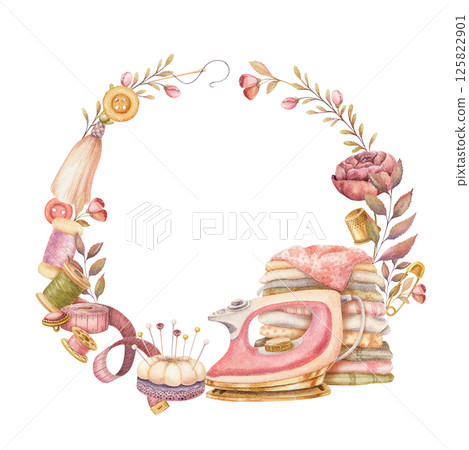 Round wreath with watercolor clothes repairing set. Hand drawn vintage floral frame template with pink iron and stack of fabrics. Perfect for tailor logo and romantic card and invitation design. 125822901