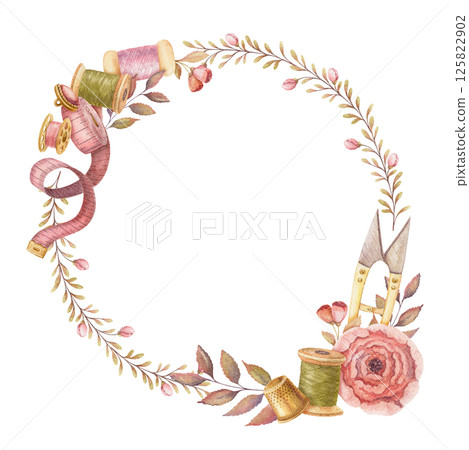 Fine round wreath with watercolor sewing tools. Hand drawn vintage floral frame template with measuring tape and pink rose flowers. Perfect for tailor logo and romantic card and invitation design. Fine round wreath with watercolor sewing tools. Hand drawn vintage floral frame template with measuring tape and pink rose flowers. Perfect for tailor logo and romantic card and invitation design. 125822902