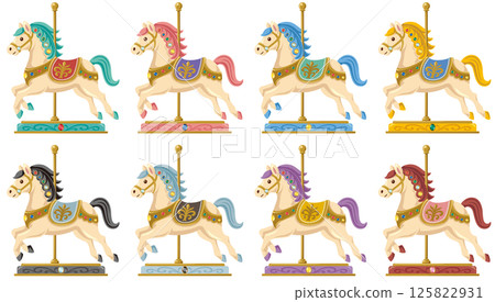 Vector illustration color variation set of retro antique ceramic horse carousel 125822931