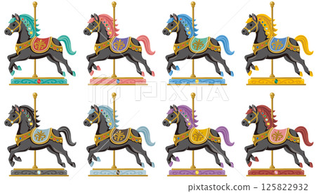 復古古董陶瓷黑馬旋轉木馬的向量插圖顏色變化集 125822932