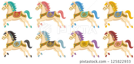 Retro and antique ceramic horse vector illustration color variation set 125822933