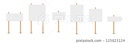 Picket sign, demonstration banners, public transparency, protest placard. Design blank boards with sticks, wooden holders template. Concept sign picket element Picket sign, demonstration banners, public transparency, protest placard. Design blank boards with sticks, wooden holders template. Concept sign picket element 125823124