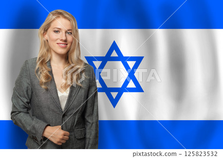 Attractive happy woman with flag of Israel Attractive happy woman with flag of Israel 125823532