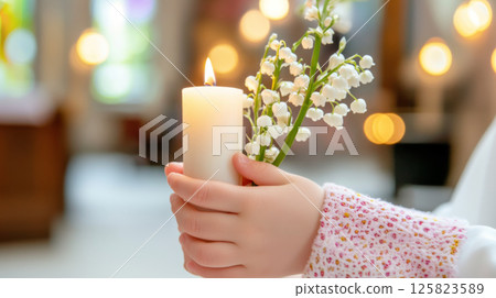 Chrismation symbol with young girls hands holding candle and flowers 125823589