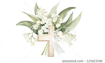 Chrismation symbol with lily of the valley and wooden cross, religious concept 125823590