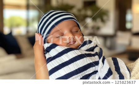 Newborn baby wrapped in soft blanket held in arms, featuring cozy home setting Newborn baby wrapped in soft blanket held in arms, featuring cozy home setting 125823637