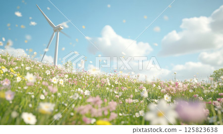 Wind turbine in vibrant wildflower meadow with clear blue sky, sustainable energy, Earth Day concept 125823638