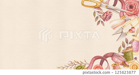 Sewing tools watercolor banner with beige texture and copy space. Hand drawn vintage template with measuring tape and flower. Perfect for tailor shop or atelier advertising background and web design. Sewing tools watercolor banner with beige texture and copy space. Hand drawn vintage template with measuring tape and flower. Perfect for tailor shop or atelier advertising background and web design. 125823877