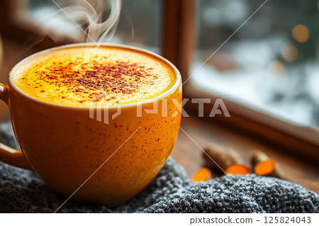Pumpkin latte with cinnamon on a winter snowy landscape background 125824043