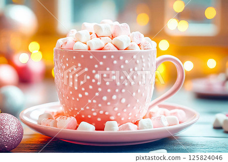 Homemade hot chocolate with mini marshmallows in a beautiful mug, festive atmosphere. Homemade hot chocolate with mini marshmallows in a beautiful mug, festive atmosphere. 125824046
