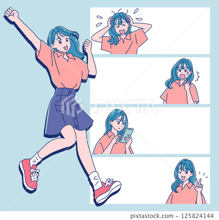 漫畫面板佈局和女孩的面部表情 125824144