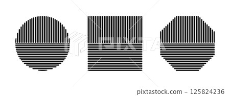 Black striped geometric shapes isolated on white background. Streaky circle, square and octagon forms. Minimalistic design elements. Vector graphic illustration Black striped geometric shapes isolated on white background. Streaky circle, square and octagon forms. Minimalistic design elements. Vector graphic illustration 125824236