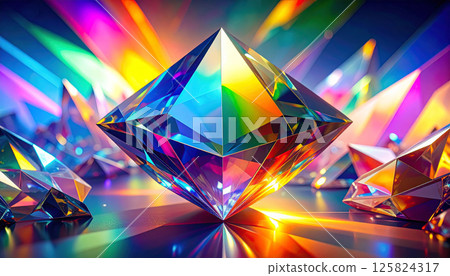 Vibrant crystal formations with sharp edges reflect spectrum of colors, creating mesmerizing optical display. interplay of light and color evokes sense of wonder and beauty 125824317
