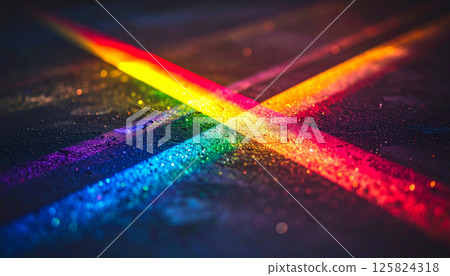 Vibrant rainbow colors intersecting on textured surface create mesmerizing visual effect, evoking sense of wonder and creativity. sparkling hues reflect dreamlike aesthetic 125824318