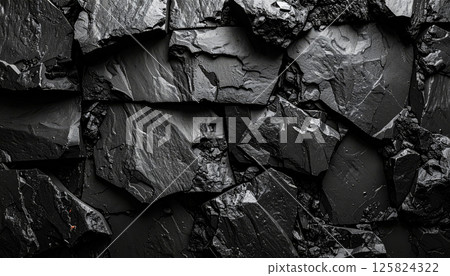 Black textured rock wall with rough patches, showcasing matte and glossy contrast that evokes sense of rugged beauty and natural elegance 125824322